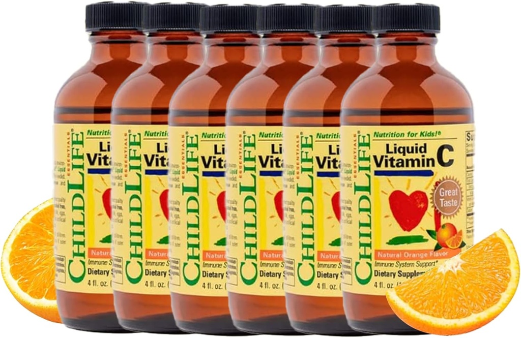 ESSENCIAIS FILHOS Vitamina C Líquida - Puro Suplemento Líquido Vitamina C para Crianças, Suporte do Sistema Imune, Grande Sabor de Laranja Natural, 4 Fl Oz (Pacote de 6)