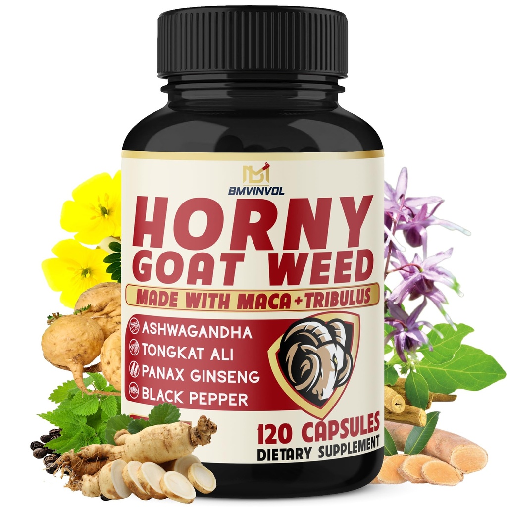 BMVINVOL Erva de cabra tesão para homens e mulheres com Maca, Tribulus, Ginseng, Ashwagandha, Tongkat Ali - 120 Cápsulas para Fornecimento de 4 Mês