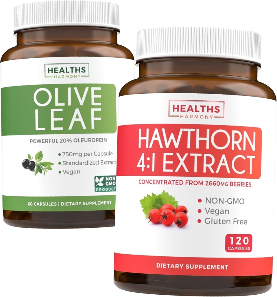 Pacote de Extrato de Folha de Oliva & Extrato de Berry Hawthorn - Saudável Pacote de Ervas - Extrato de Folha de Oliva com 20% de Oleuropein & Hawthorn Berry 4:1 Extrato - Concentrado de 2660mg Berries frescas (120 Caps)