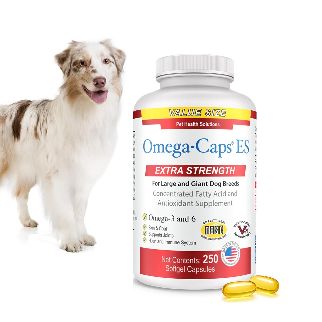 Omega-Caps ES para Cães Grandes e Gigantes - Omega 3, Vitaminas, Minerais, Antioxidantes - Suporte Sistema imunológico, articulações, coração e cérebro - 250 Cápsulas Softgel
