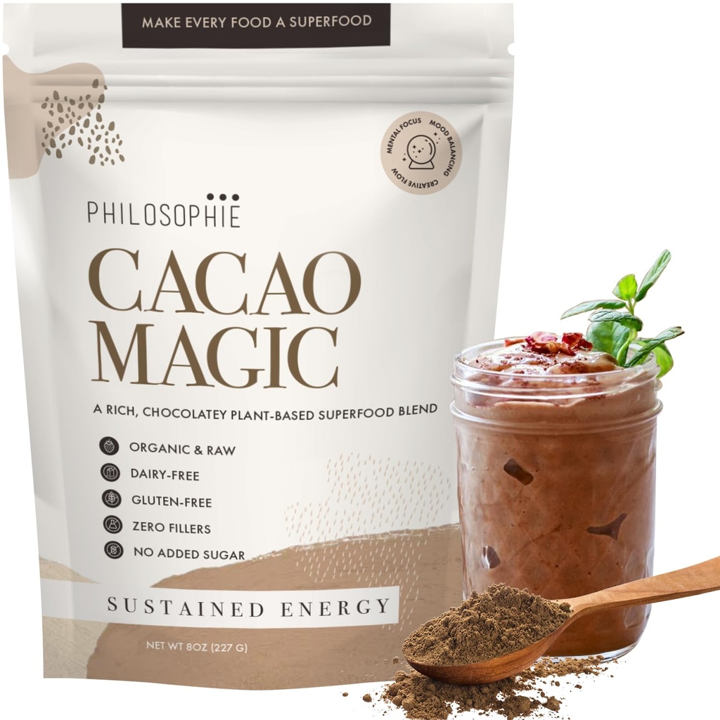 Philosophie Organic Cacao Magic Superfood Mistura – Planta-Based Protein Powder com Raw Cacao, Reishi Mushroom & Maca Root – Sem açúcar Vegan Chocolate Suplemento, 32 Servings