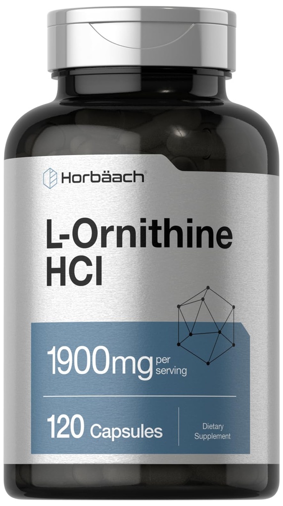 Horbäach L Ornithine HCl 1900mg □ 120 Cápsulas Não-GMO e Glúten Suplemento gratuito