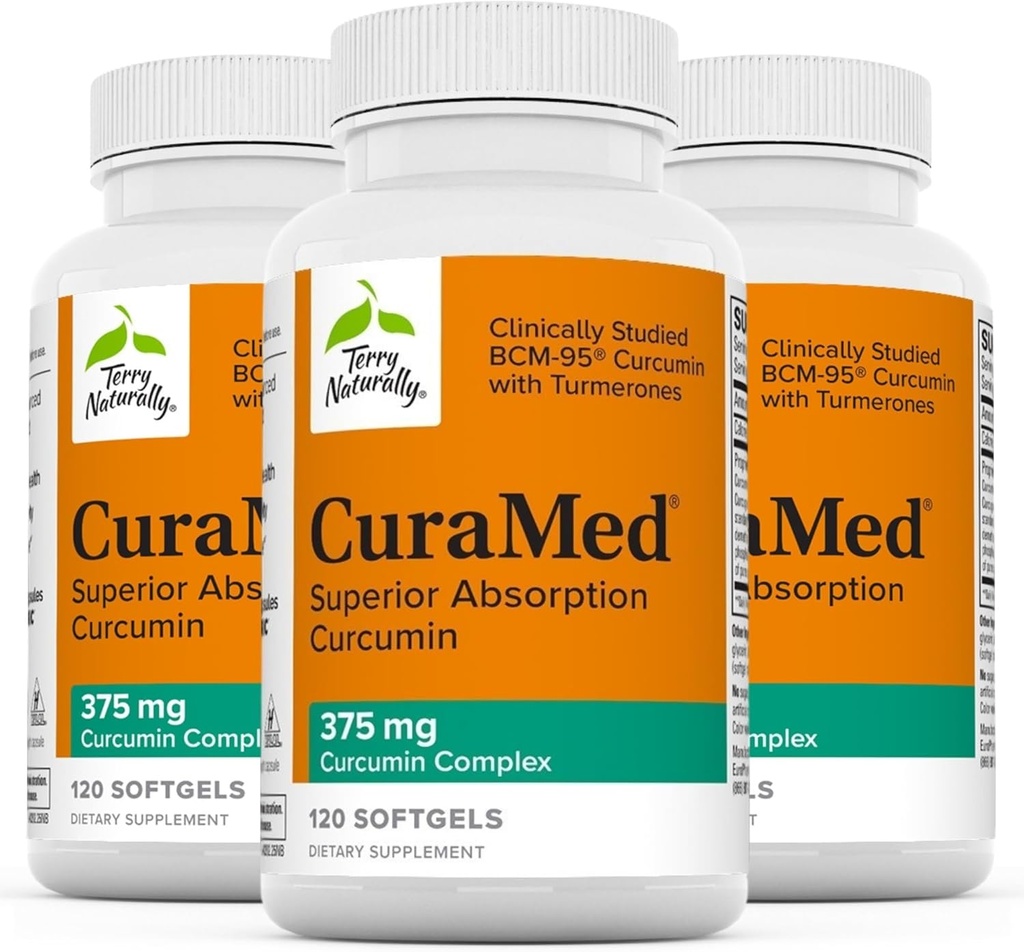 Terry Naturalmente CuraMed 375mg - Suplemento antioxidante para apoio à saúde do cérebro e imune - Suplemento dietético com curcumina e óleo essencial de açafrão - Suporte de fígado de ervas - 120 Softgels (Pack of 3)