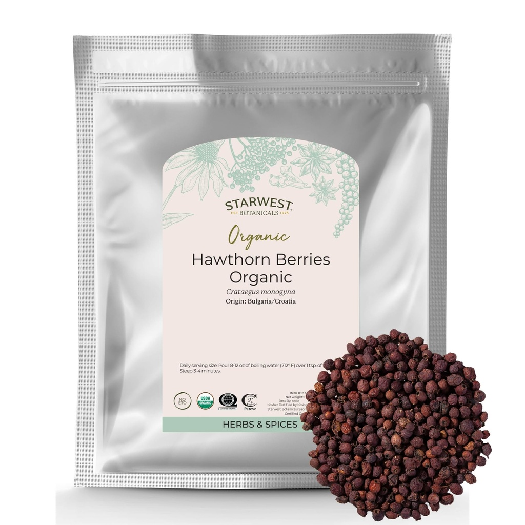 Starwest Botanicals Organic Hawthorn Berries Whole - Seco Folha de Erva para chá, geléia, & extratos de ervas, suporte de digestão natural, Kosher certificado, Não-GMO - Bulk 1 lb Bag