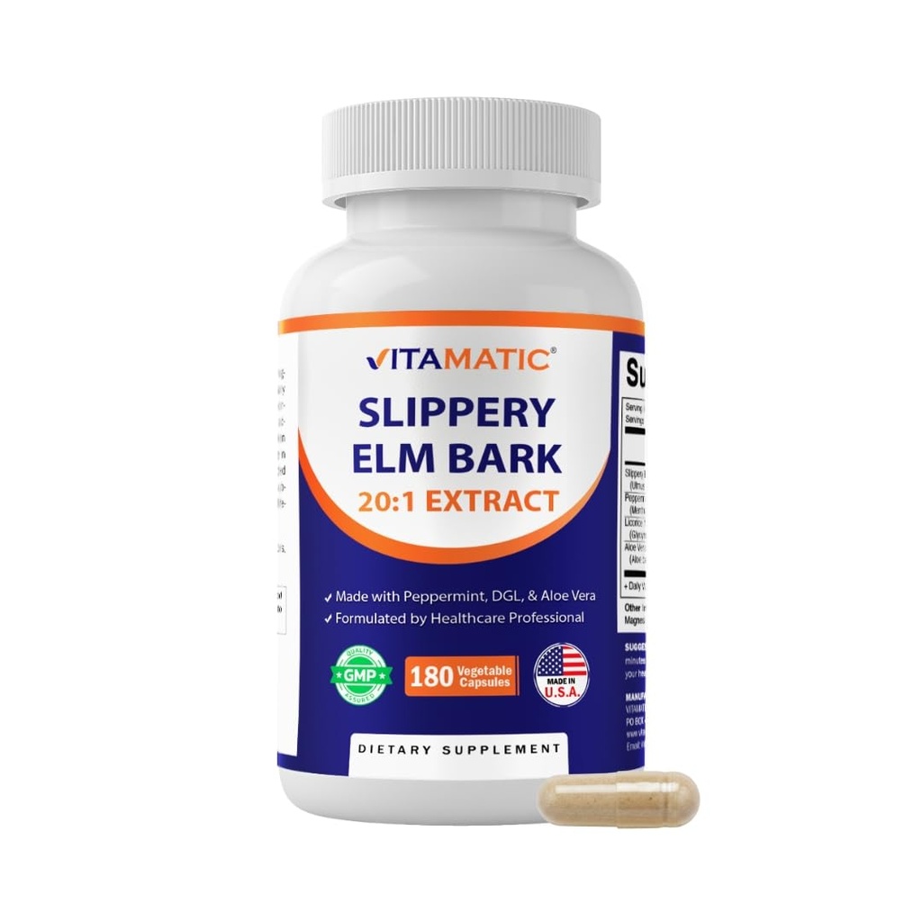 Vitamatic Slippery Elm Bark 10000 mg Equivalente Por Serviço (a partir de 20:1 Extracto 500 mg), Feito com hortelã, DGL, & Aloe Vera - 180 Veg Cápsulas, e Concentrado 20X Potência