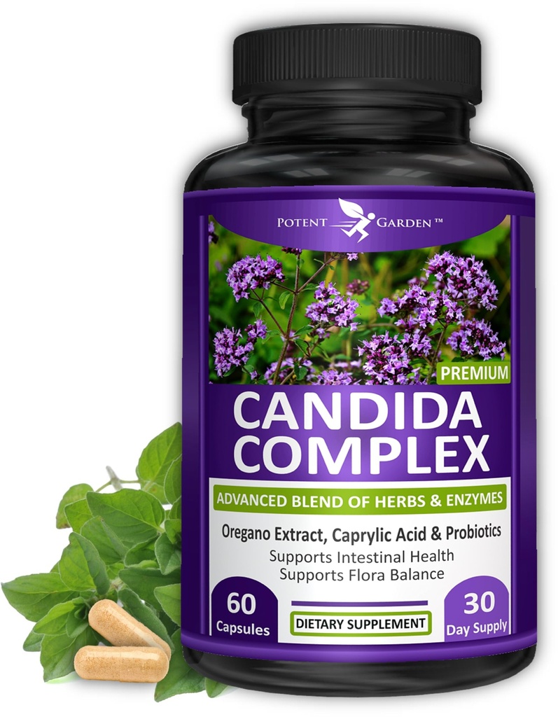 Potente Complexo de Candida Jardim - Orégano e Ácido Caprílico Mistura, Gut Flora Equilíbrio Complexo, Saúde Intestinal e Imune Apoio com ervas & Probióticos, Gut Suplementos de Saúde para Mulheres & Homens 60 Contagem