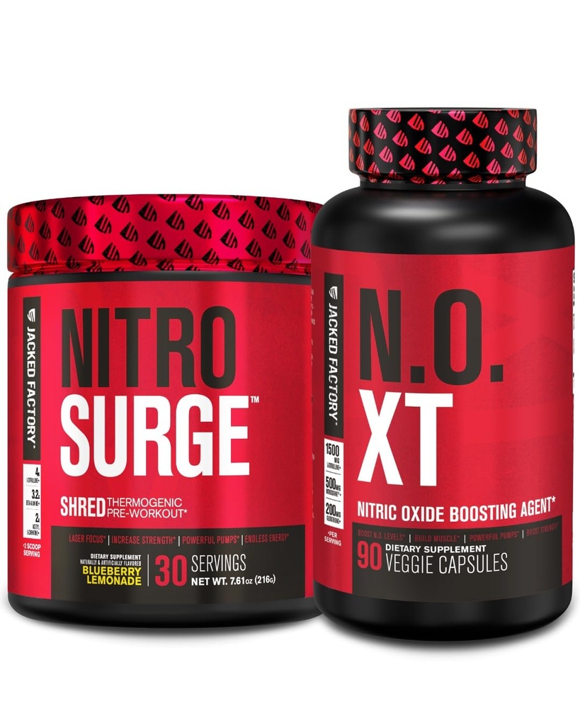 Fábrica Jacked Nitrosurge Shred Pré-treino termogênico em limonada de mirtilo & N.O. XT Nitric Oxide Booster para homens e mulheres