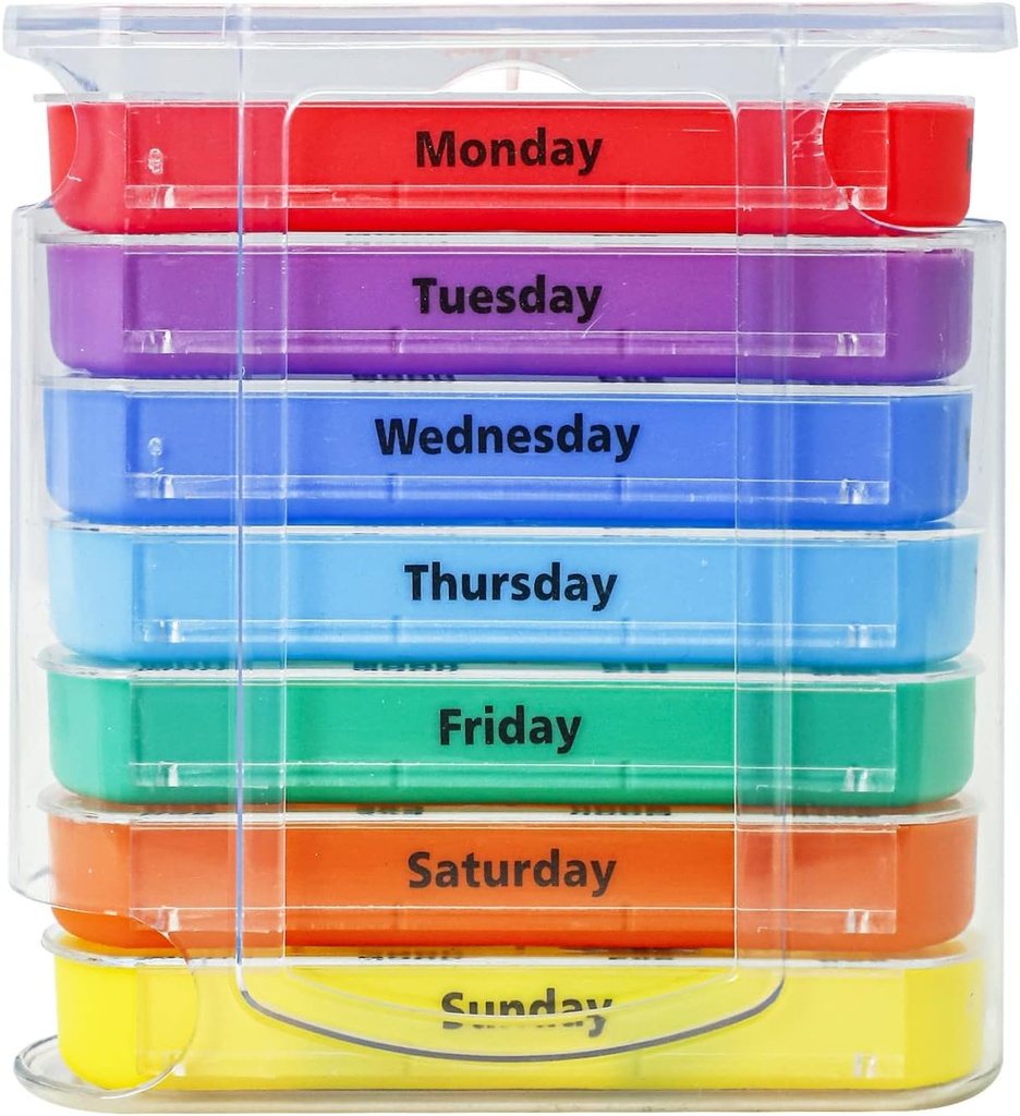 Organizador de comprimidos semanal para 1 dia 4 vezes fornecimento,KIGI 7 dias empilhável recipiente de vitaminas do dispensador de pílulas (Rainbow)
