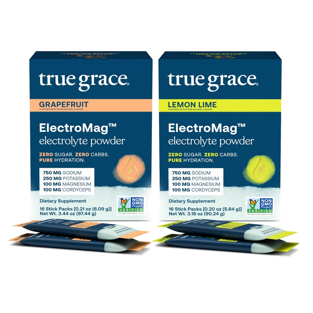 True Grace ElectroMag - Toranja (16 Stick Packs) + Limão (16 Stick Packs) - Pó de Eletrólito para Hidratação Rápida - Açúcar Zero & Carboidratos - Não-GMO - 32 Total Servings
