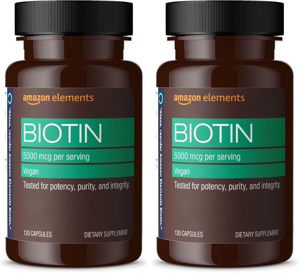 Elementos Vegan Biotin 5000 mcg - Cabelo, Pele, unhas, 130 Cápsulas (4 Mês de Abastecimento) (Pacote de Maio Vary) (Pacote de 2)