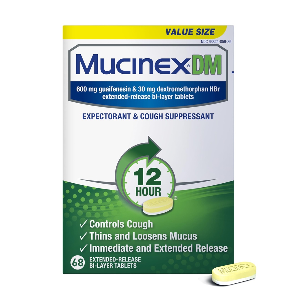 Mucinex DM 12Hr Chest Congestion & Cough Medicine For Adults, Cold and Cough Medicine for Excess Mucus Relief, 600 mg Guaifenesin & 30 mg Dextromethorphan HBr, 68 comprimidos bi-Layer