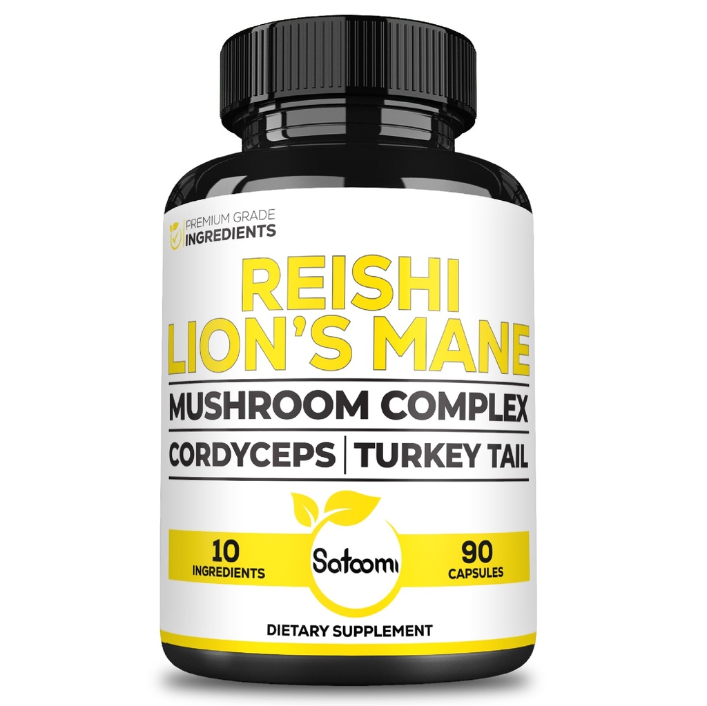 Complexo de Suplemento Satoomi Reishi 5000Mg - 10in1 Combinado com Leões Mane, Cordyceps Sinensis, Chaga Mushroom & Outros - 90 Cápsulas durante 3 meses