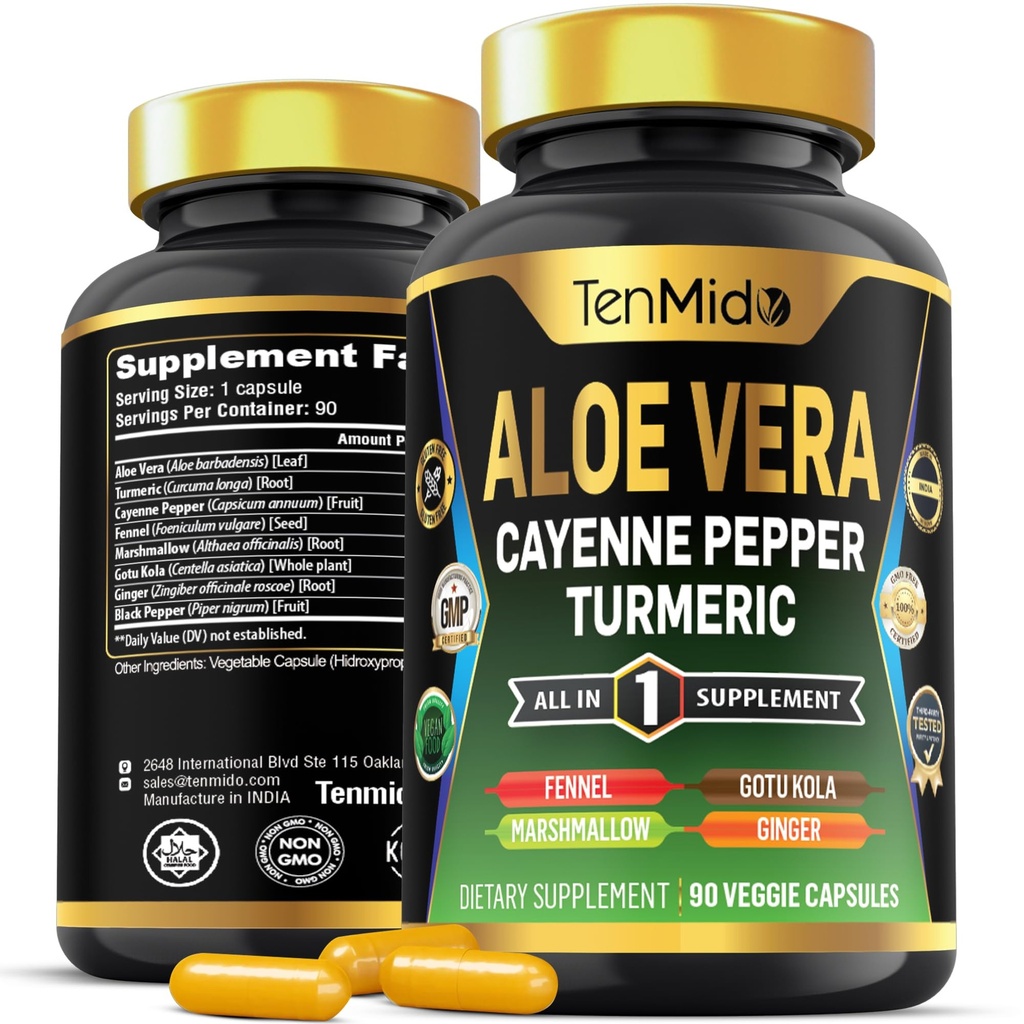Aloe Vera Capsules Supplement - Fórmula 8in1 - Combine com Turmeric, Cayenne Pepper, Marshmallow, Fennel, Gotu Kola, Ginger e Black Pepper - 90 Cápsulas para fornecimento de 3 meses