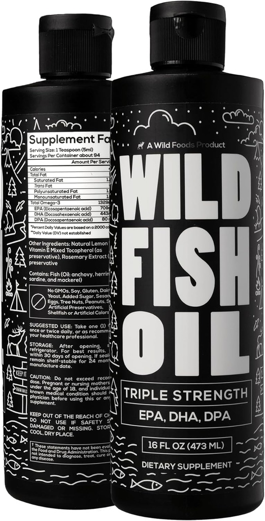 Wild Foods Liquid Omega 3 Fish Oil Supplement, Lemon, 16 oz (2 pk)