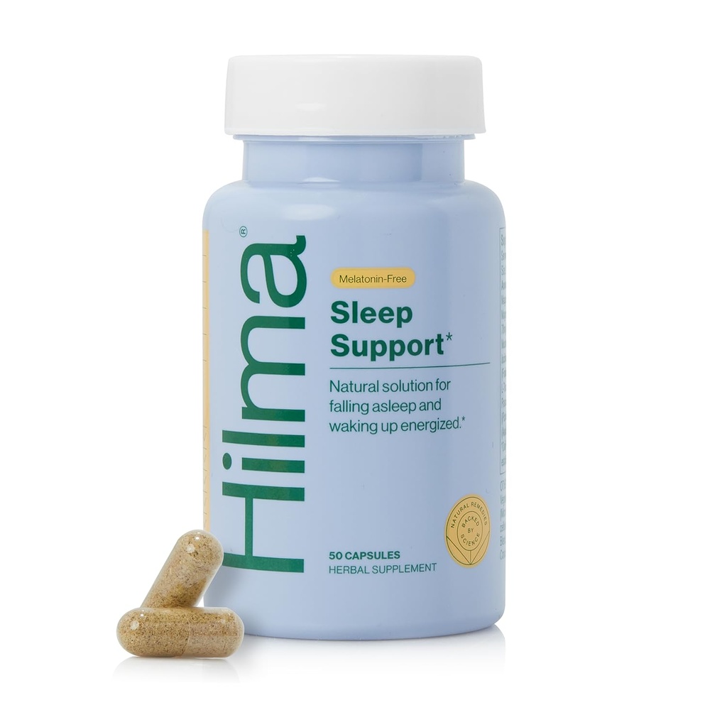 Hilma Sleep Aid Formulado com Magnésio & L-Theanina, Aids naturais do sono para adultos para ajudá-lo a cair adormecido e ficar dormindo Melatonina-livre, Non-Drowsy Fórmula do próximo dia, 50 Cápsulas Vegan