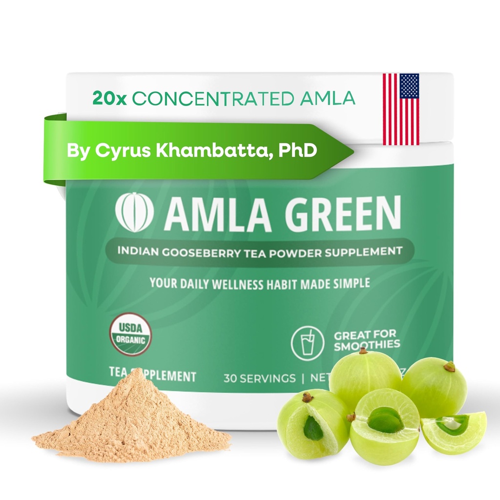 Amla Powder & Green Tea Superfood Supplement, 20x Ultra concentrado Amla, Apoio Antioxidante, Feito com chá oolong e Groselhas indianas, Orgânico, Vegan, Aroma clássico, 30 Servings