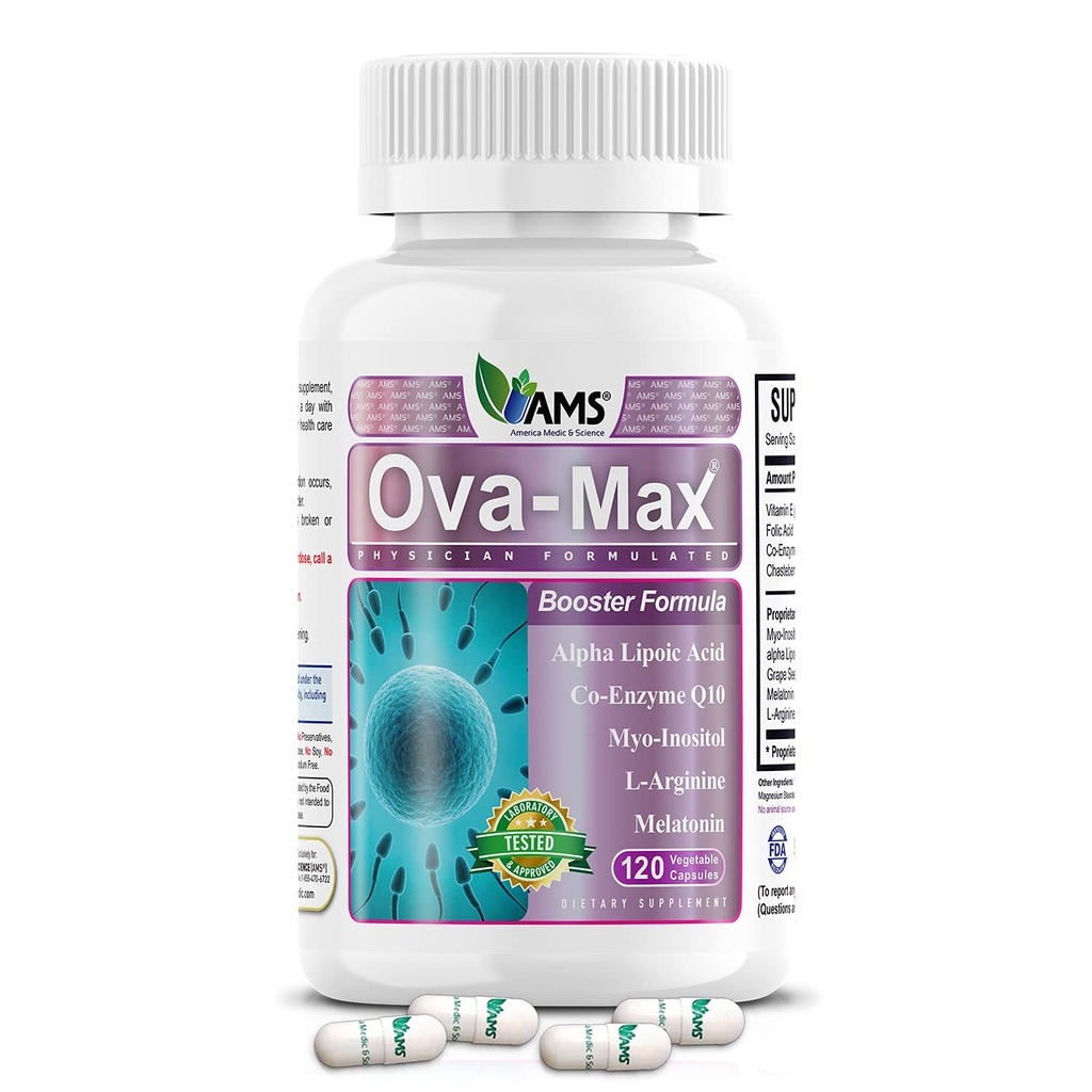 América Medic & Science OVA-Max Vitaminas Pré-Natais para Mulheres (120 Cápsulas) Aumenta a Fertilidade e Ovulação (Ajuda Gravidez e Suplementos Preconcepcionais Femininos com CoQ10, Ácido Fólico e Mio-Inositol