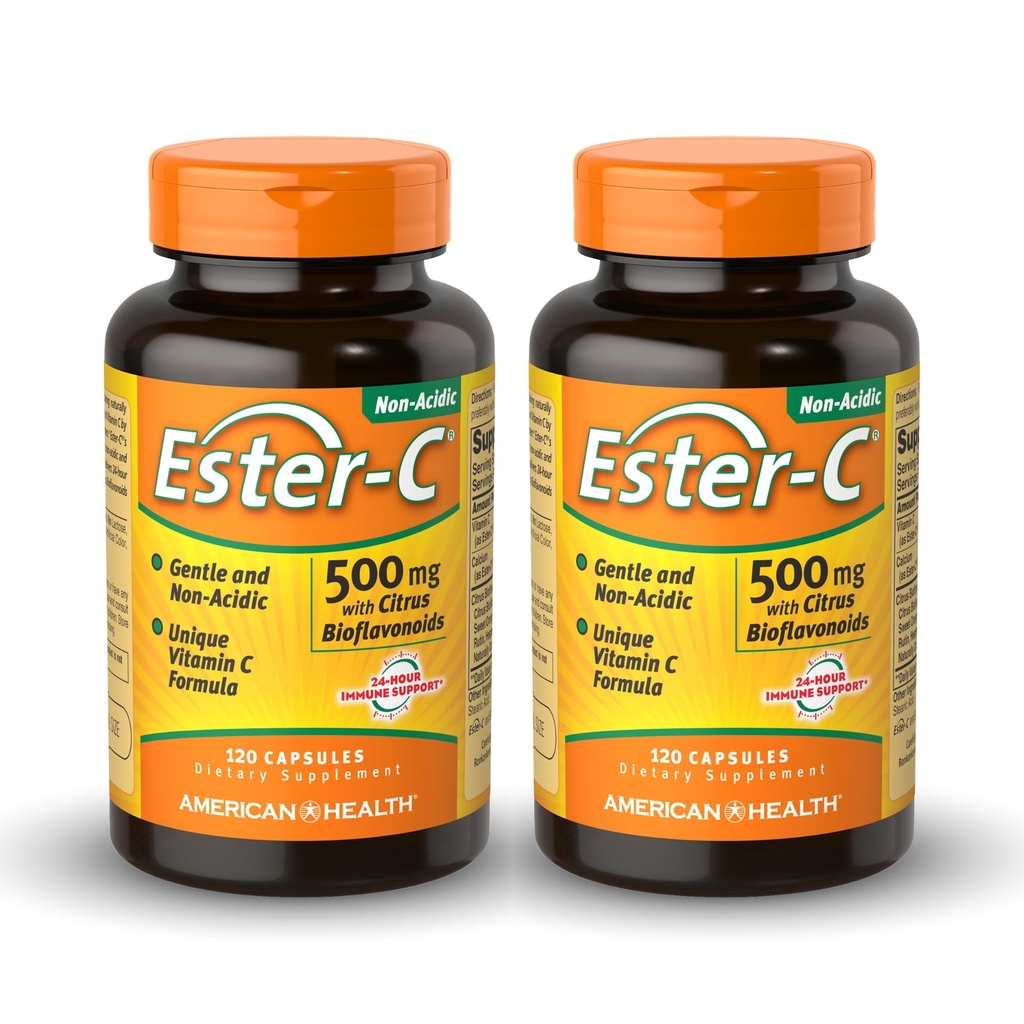 American Health Ester-C 500 mg com Citrus Bioflavonoids - 120 Cápsulas (Pacote de 2) - Suporte Imune 24 horas - Não-GMO, Gluten Free - 120 Total Servings