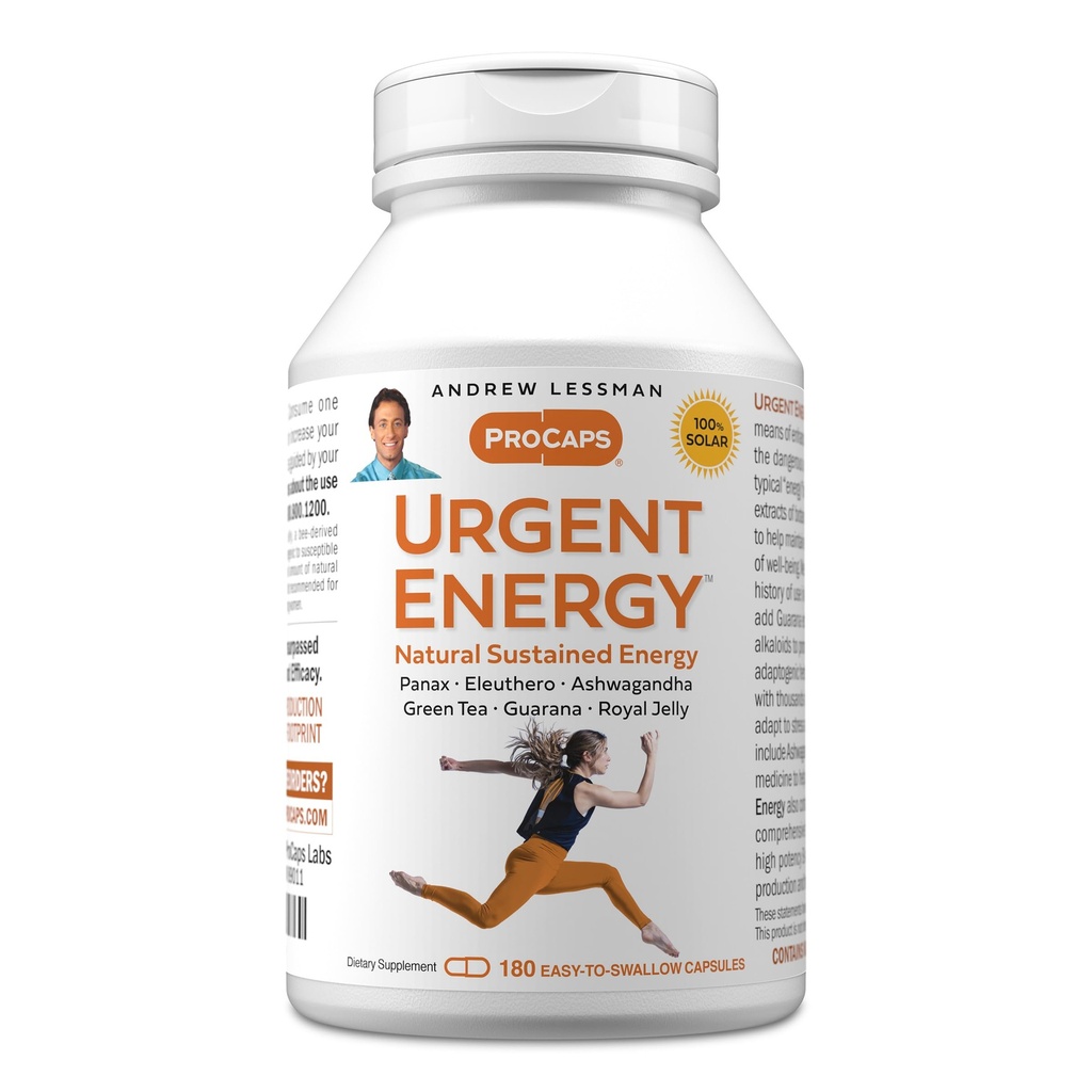 ANDREW LESSMAN Urgent Energy 180 Cápsulas - Fornece um meio seguro, saudável de aumentar os níveis de energia e sentimentos de bem-estar, chá verde, guarana, Ginseng, geléia real, Ashwagandha, B-Complex