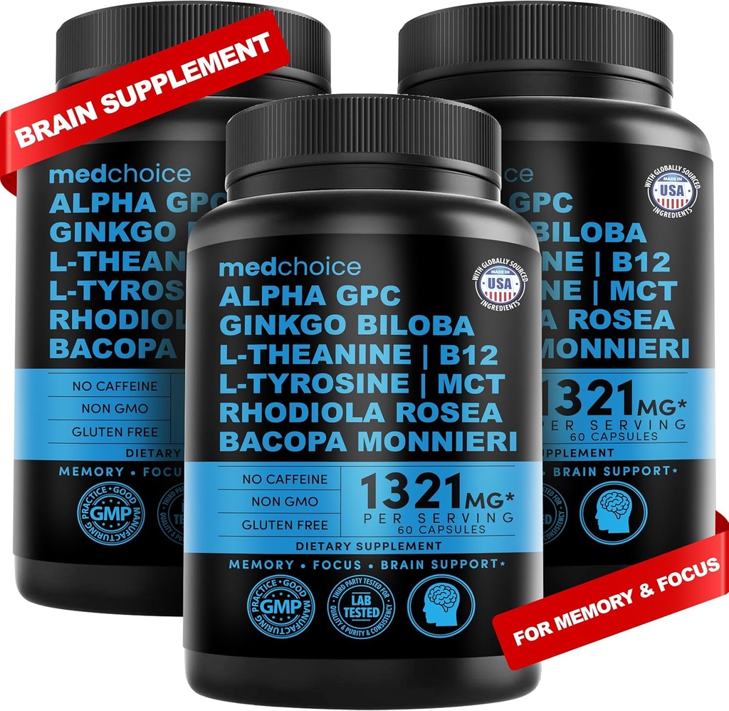 12-em-1 Nootropic Brain Supplement Anhydrous: Ginkgo Biloba para suporte do cérebro, memória e foco - B12, Alpha GPC, L Theanina e suplementos de colina com Bioperine não cafeína 1321mg (180ct)