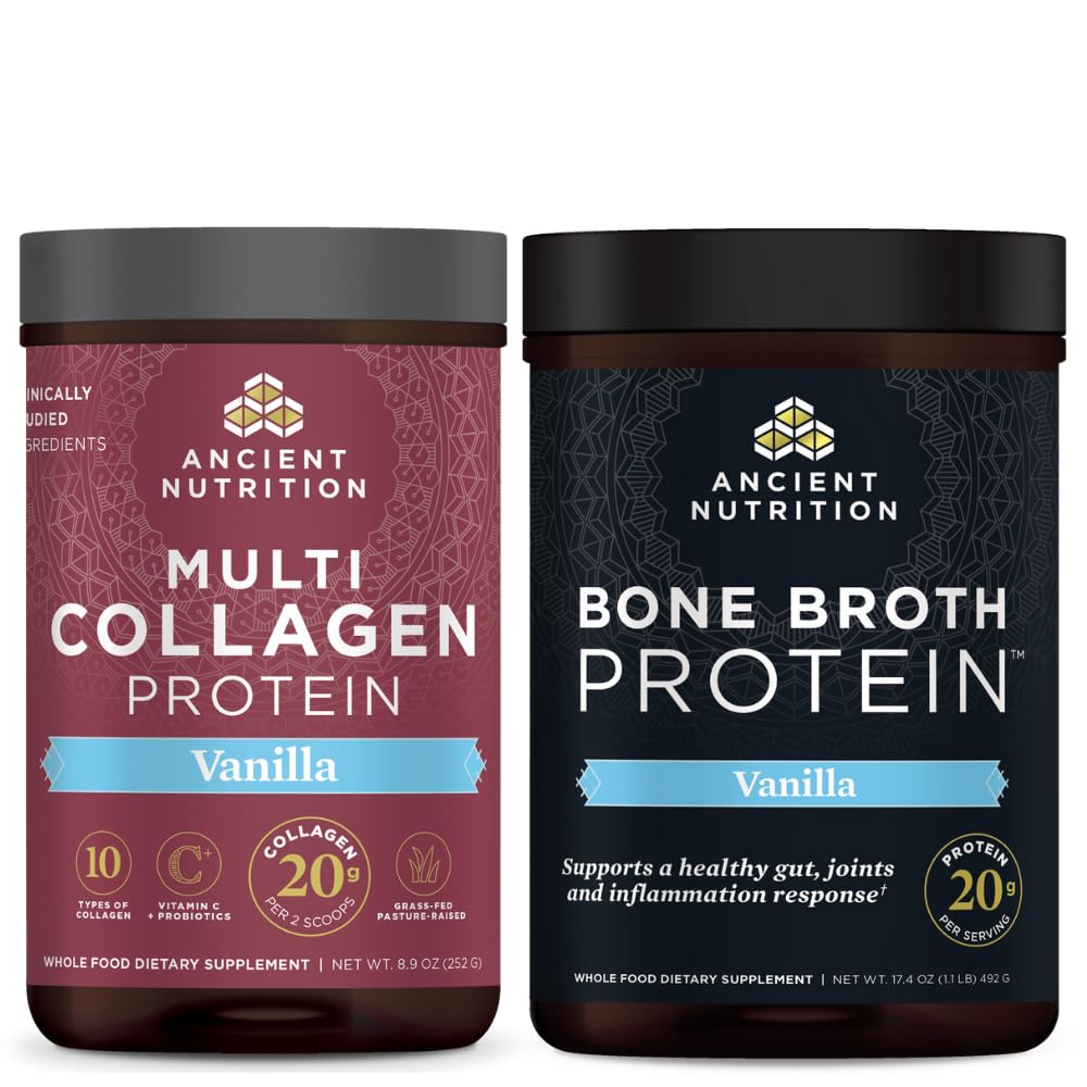 Nutrição antiga Multi Colágeno Proteína Pó, Baunilha, 24 Servings + Bone Broth Protein Pó, Baunilha, 20 Servings