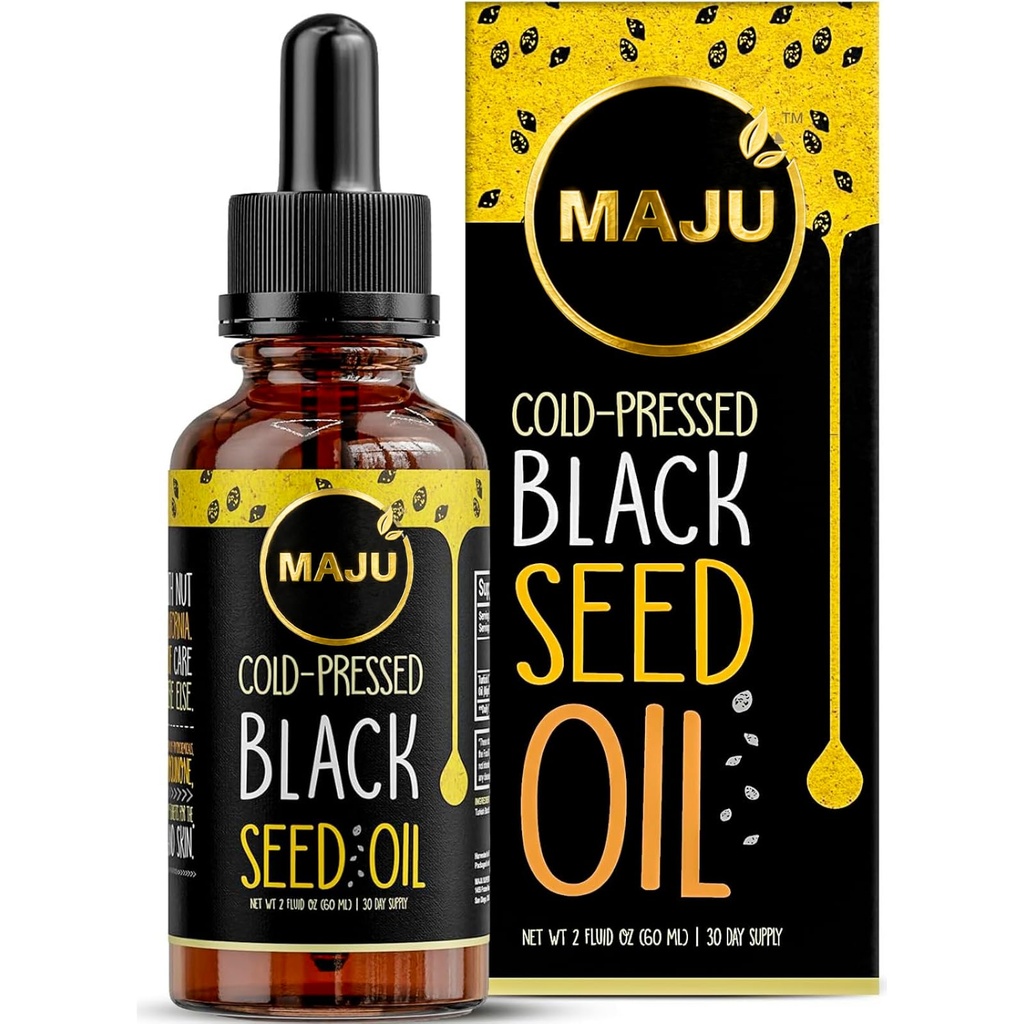 Maju Superfoods Black Seed Oil - 3 vezes TQ, frio, Tamanho de viagem, 100% Turco Black Cumin Seed Oil, Líquido Puro Blackseed, Garrafa de vidro, 2 Oz