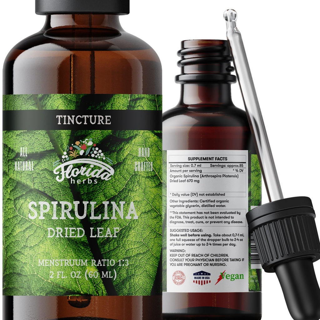 Tintura de espirulina, extrato de espirulina orgânica (Arthrospira Platensis) Suplemento de ervas, não-GMO em Glicerina vegetal orgânica a frio, 700 mg, 2 oz (60 ml)