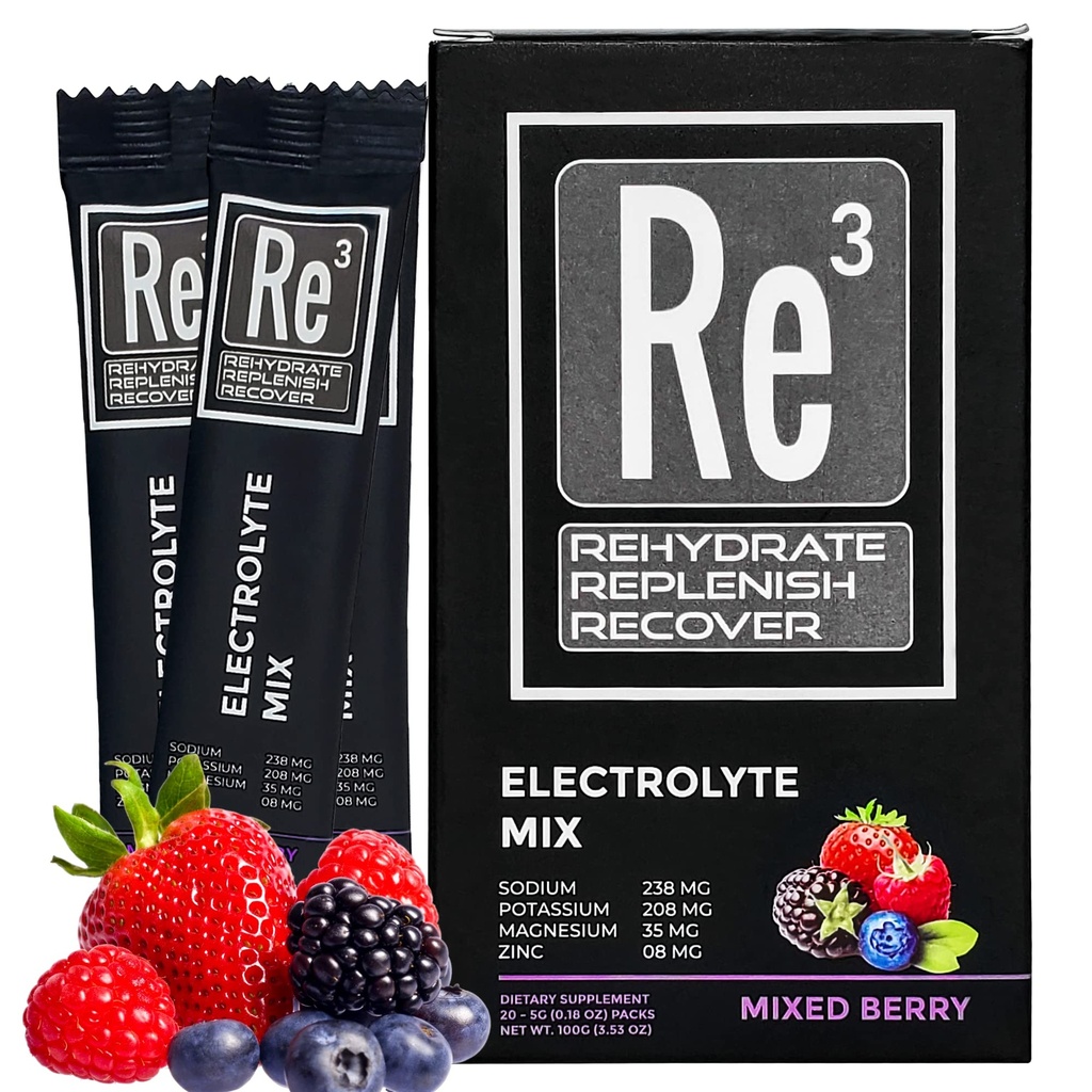 Re3 - Reidratar - Reabastecer - Recuperar pacotes de pó eletrolítico. Sem açúcar, 7 Cal, 1,4 carboidratos. A melhor mistura de vitaminas e minerais (cereja misturada)