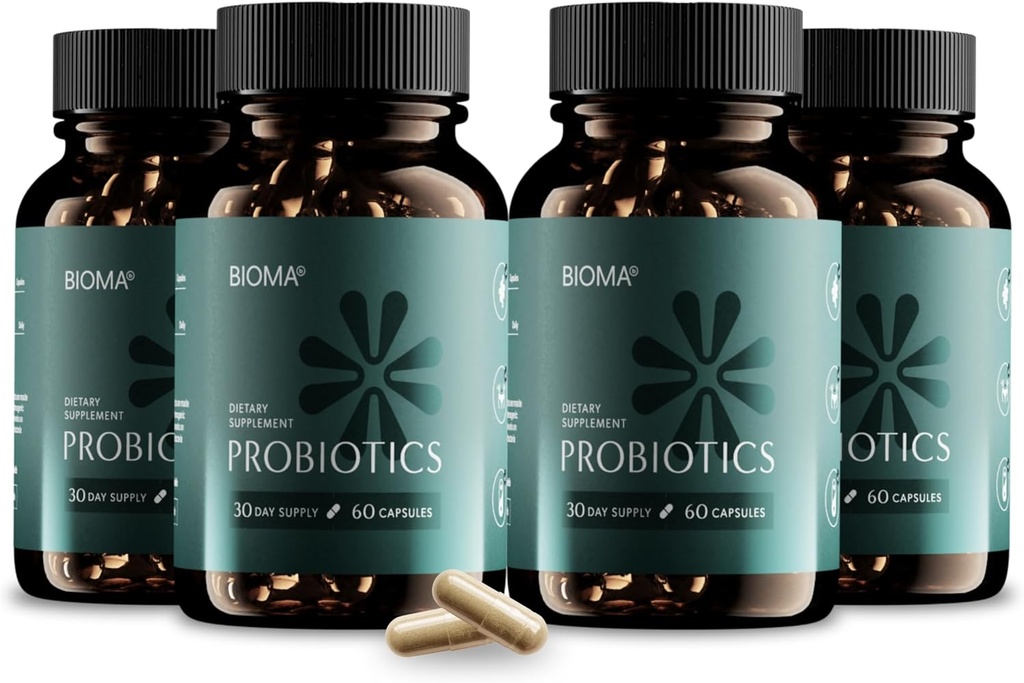 BIOMA Probióticos para gestão de peso e saúde digestiva, 3 em 1 Gut Saúde Probióticos e Prebióticos/Postbióticos, Slow Release Synbiótico Probiótico Cápsulas para Gut Saúde Multi Enzima (240 Caps)