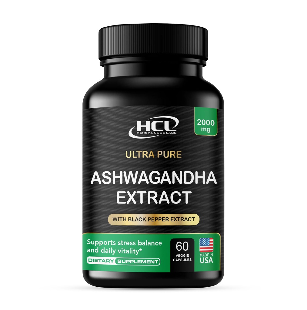 Cápsulas orgânicas de Ashwagandha 2000 MG Extrato de pó raiz com pimenta preta e limão Balm 2 Mês de Abastecimento - Maneira natural de aliviar o estresse