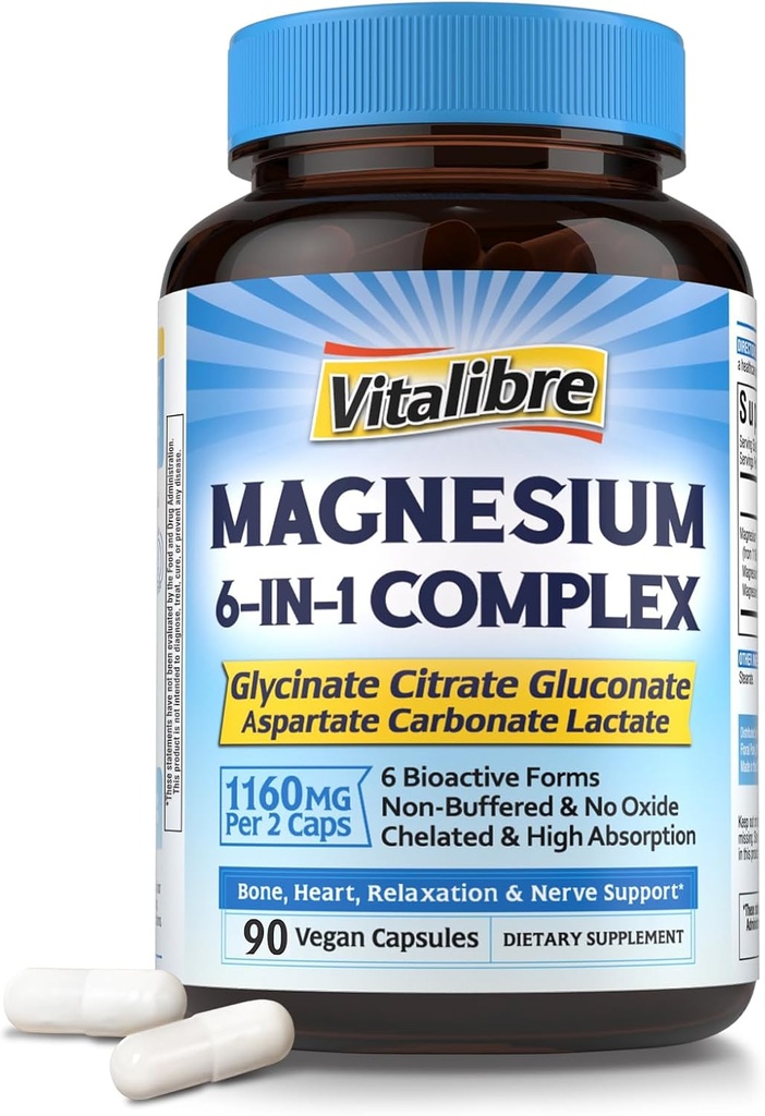 Magnésio Complex Suplemento 6 em 1, 1160mg Magnésio Quelado para Absorção Max, Ajuda com melhor sono, Relaxação & Nerve Calm, 90 Cápsulas Vegan, Não OGM e Glúten Grátis