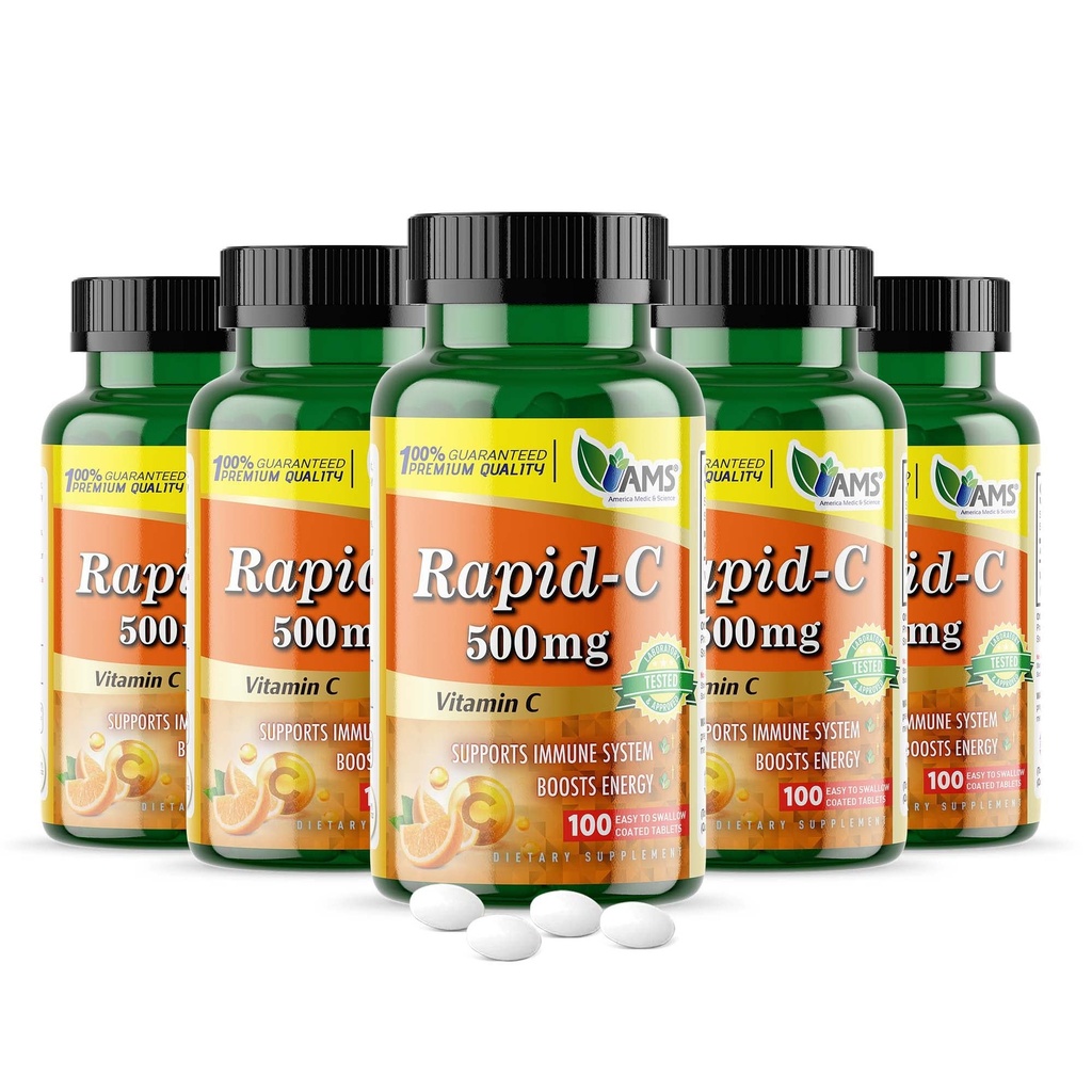 América Medic & Science Rapid-C 500mg Suplemento 500 comprimidos de vitamina C (5 pacote de 100 comprimidos) Suporte diário do sistema imunológico, Antioxidante Vegan, Ácido Ascórbico Não-GMO revestido para homens adultos e mulheres