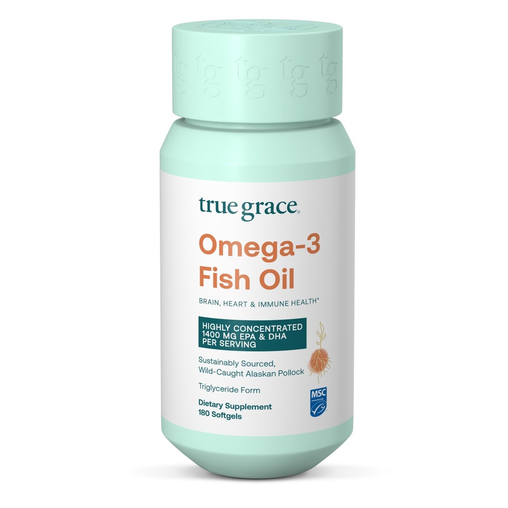 True Grace Omega-3 Fish Oil - 180 Softgels - 1400 mg EPA + DHA - Cérebro, Coração, Joint & Imune Health - Orgânico, Gluten Free, Soy Free