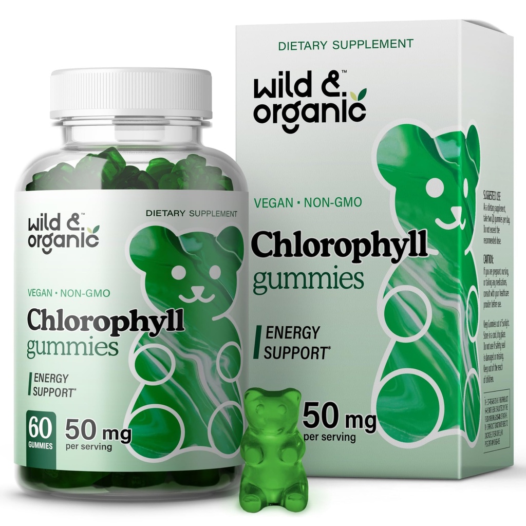 Wild & Organic Clorophyll Gummies 50mg - Detox Cleanse Suplementos w/Sodium Copper Clorophyllin - Interno desodorante w/Clorophyll Pó - Vegan, Não-GMO - 60 Mastigação de ervas