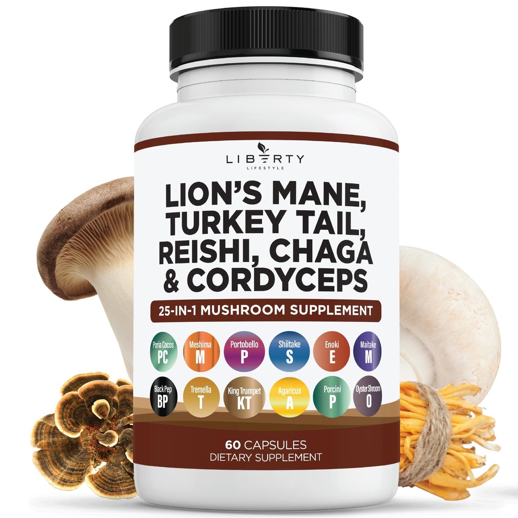 Leões Mane Mushroom Suplemento com Turquia cauda Reishi Cordyceps Chaga com Marshmallow Root - 1-Pack