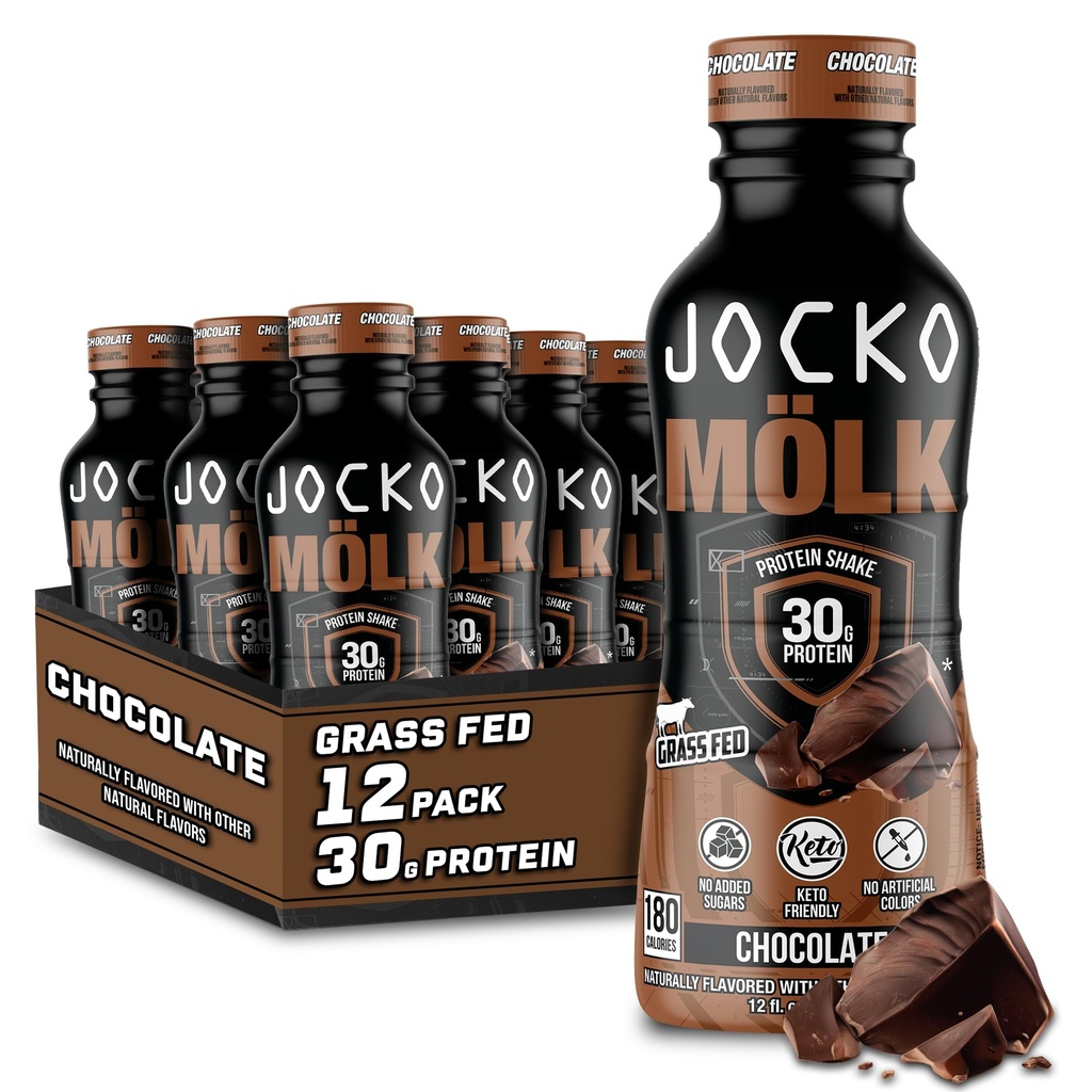 Jocko Mölk 30g Feed Protein Shakes – Não Adicionado Açúcar Proteína Bebidas KETO amigável - Pronto para beber 12 FL Oz (Pacote de 12) Chocolate