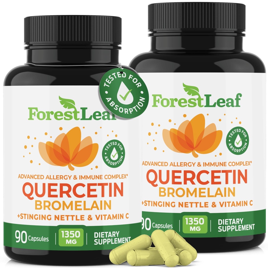 ForestLeaf Quercetin com Bromelain - 1350mg Mistura com Vitamina C & Stinging Nettle, Advanced Quercetin 500mg Suplemento, Sem Glúten Gloten, Imune Natural & Função Respiratória 180 Cápsulas Veggie