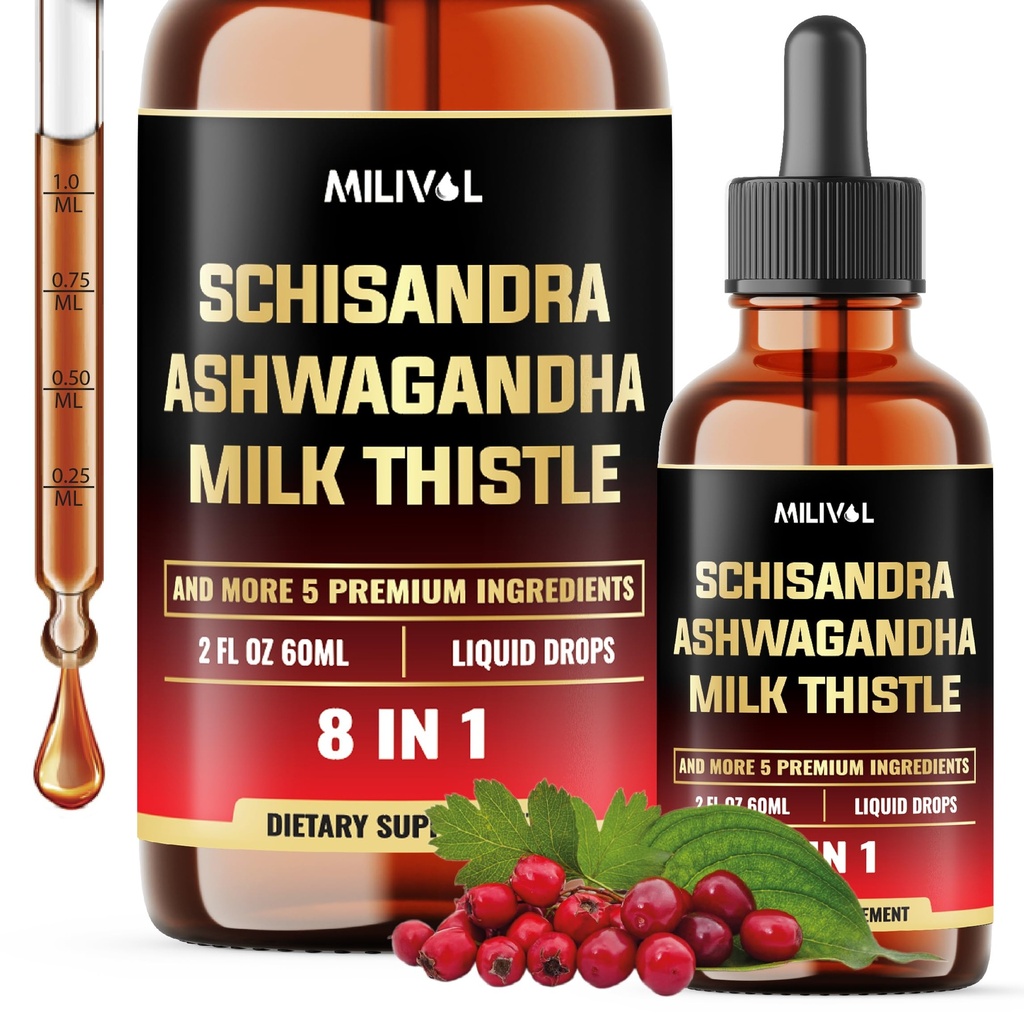 8in1 Schisandra Berry Drops with Milk Thistle, Ashwagandha, Rhodiola Rosea, Holy Basil, Alcachofra, Raíz de Dandelion & Curcumina Turmérica - 2 Fl Oz para 2 Mês de Abastecimento