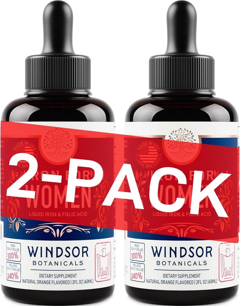 BOTÂNICAS WINDSOR Suplemento de ferro líquido para mulheres 2-Pacote - Ácido Fólico, Vitamina C, Vegan Suplementos de ferro líquido para Anemia, Menstruação, Apoio à gravidez - gotas sabor laranja - 2x2oz