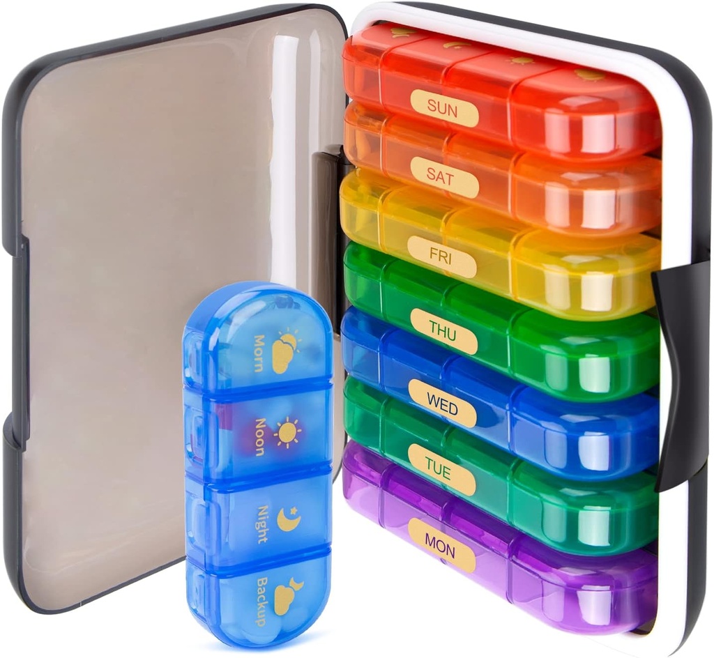 Organizador de pílula de 7 dias MURRI & MURRDI com 28 células, grande caso de pílula semanal para 4 compartimentos diários, caixa de pílulas de viagem de prova de umidade para vitaminas, medicamentos, suplementos, multi-cor