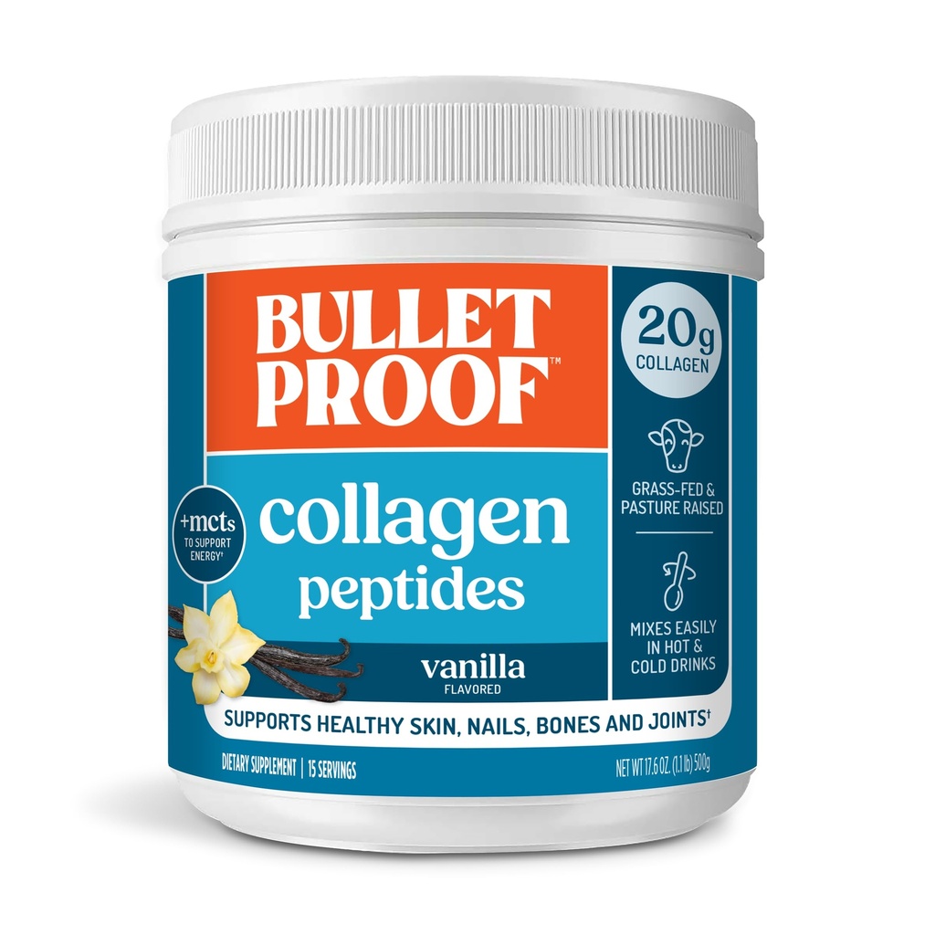 Peptídeos de colágeno de baunilha à prova de bala em pó com óleo MCT, 17,6 onças, proteína de colágeno alimentado por grama para pele, ossos e articulações