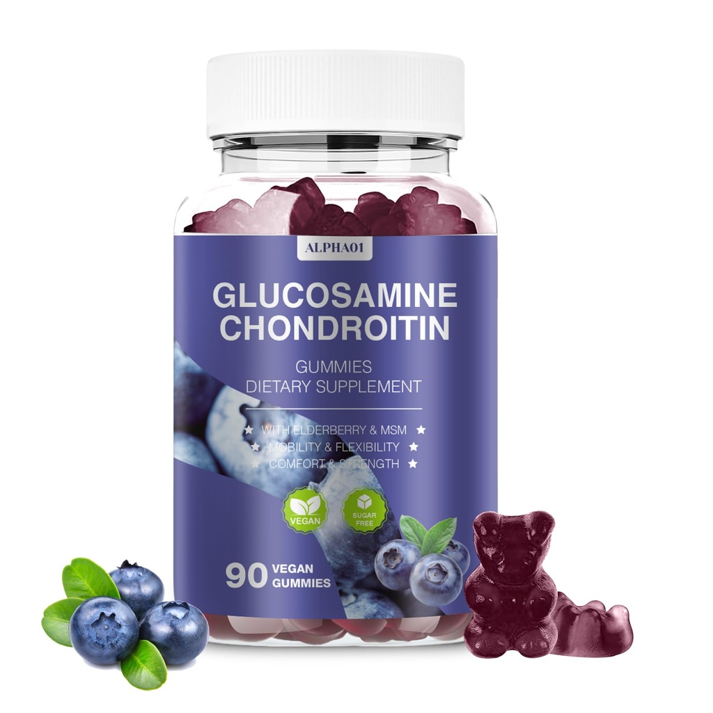 Glucosamina Condroitin Gummies - 3000MG Suplemento de suporte conjunto de força extra com MSM & Elderberry, flexibilidade, antioxidante Imune Suporte Gummy para adultos, homens e mulheres 90 Blueberry Gummies