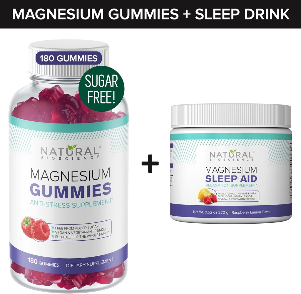 Pastilhas de magnésio sem açúcar (180 chicletes) e pó de Magnésio nocturna com Citrato de magnésio, Melatonina, L-Theanina e GABA - Vegan, Gelatina-Free, Sem glúten, Não-GMO