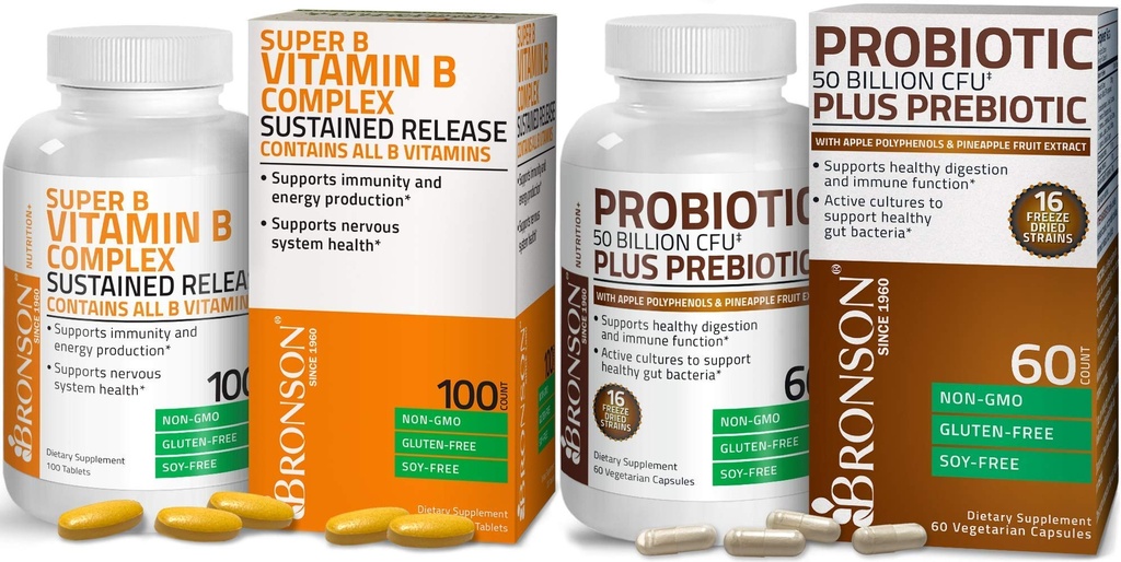 Bronson Probiótico 50 bilhões de UFC + Prebiótico com Apple Polifenóis & Extrato de fruta abacaxi + Liberação Mantida Complexo Vitamina B