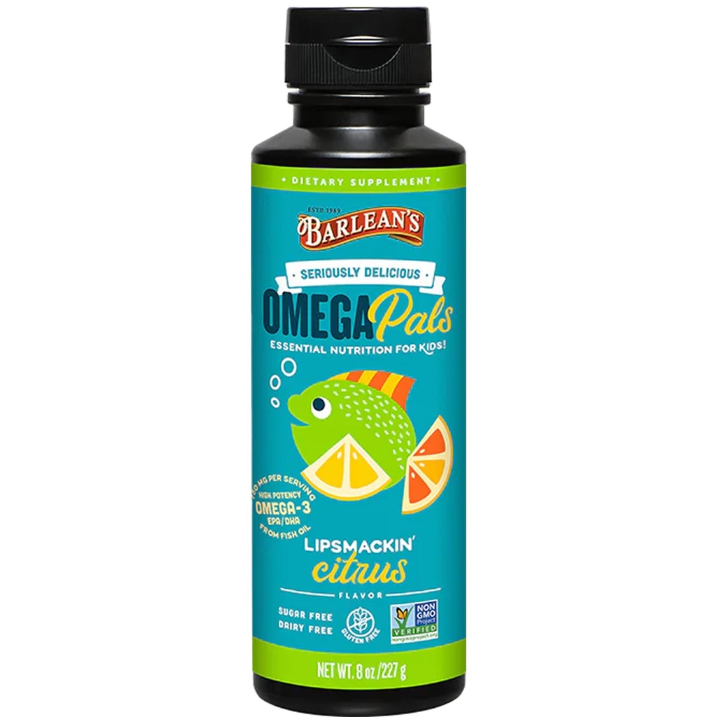 Barlean's Omega Pals Lipsmackin' Citrus Flavored Omega-3 para Crianças, Yummy Children's Liquid Fish Oil Supplement com 750 mg de EPA & DHA para Cérebro e Saúde dos Olhos, 8 onças