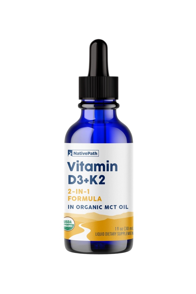 Tintura D3K2 NativePath – 2000UI Vitamina D3 e Suplemento K2 Vitamina com óleo orgânico MCT – 1 Onça fluida – Biodisponibilidade rápida Multi-vitamina para força óssea e bem-estar corporal total, 30 Servings