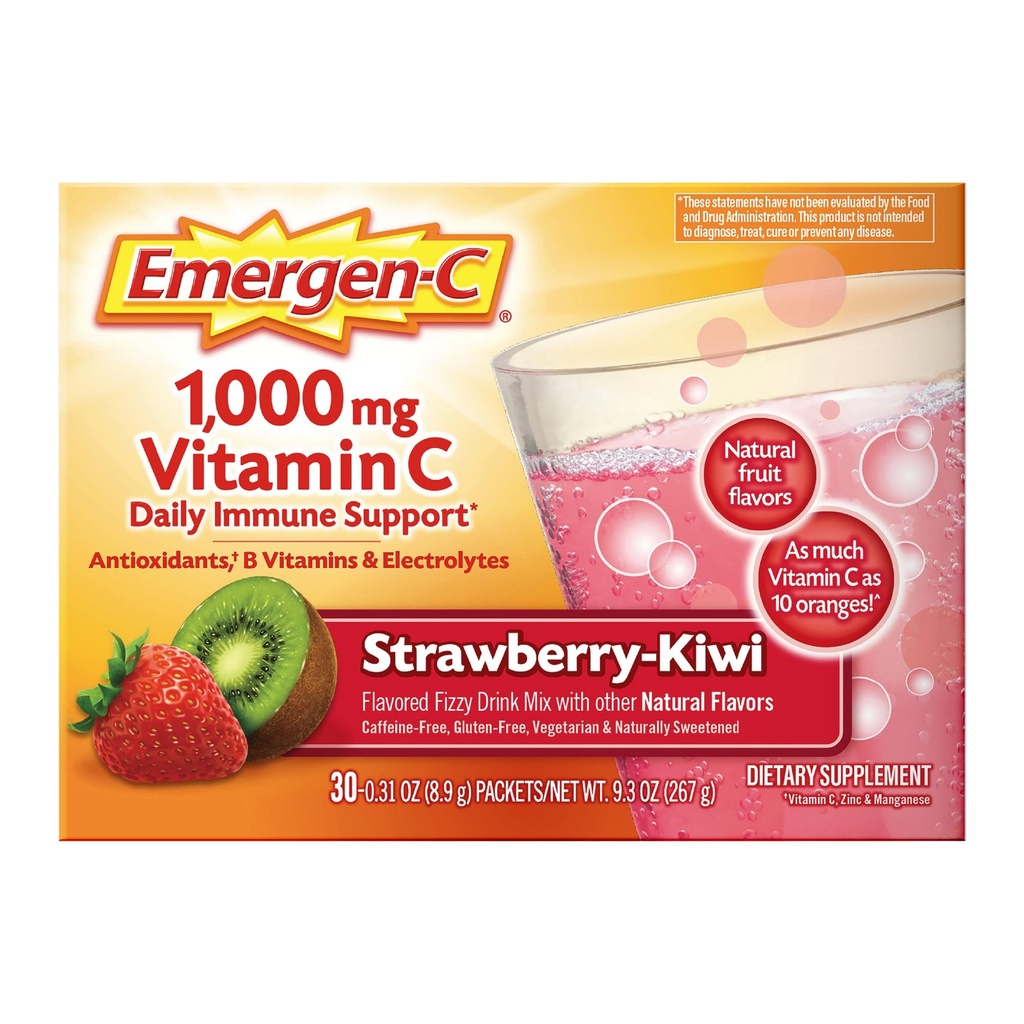 Emergen-C 1000mg Vitamina C Imune Suporte pó de morango Kiwi 30CT inclui zinco, manganês, 7 B Vitaminas e eletrólitos para voltar à escola Essentials