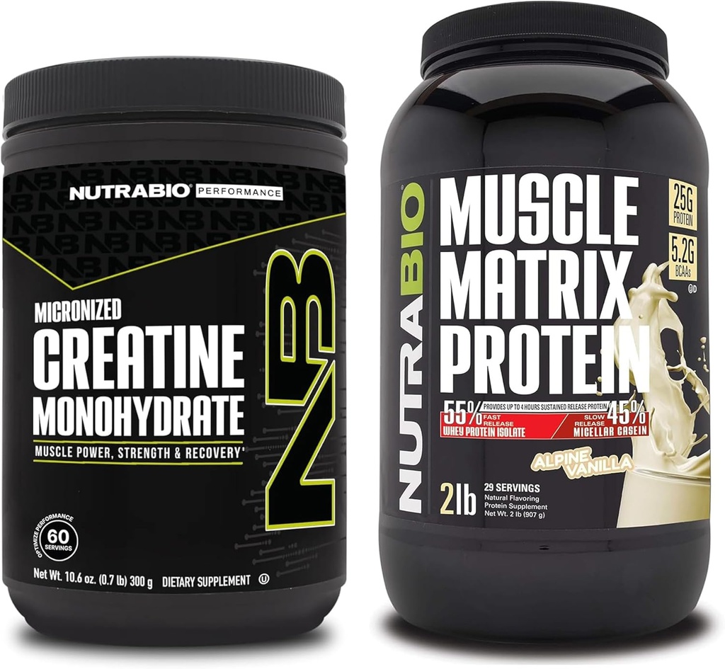 NutraBio Creatina Mono-hidratada, Sem sabor, (300 g) e Músculo Matrix Protein Powder, (Vanilla) Suplemento Bundle – Energia muscular, Crescimento Máximo, Recuperação e Força