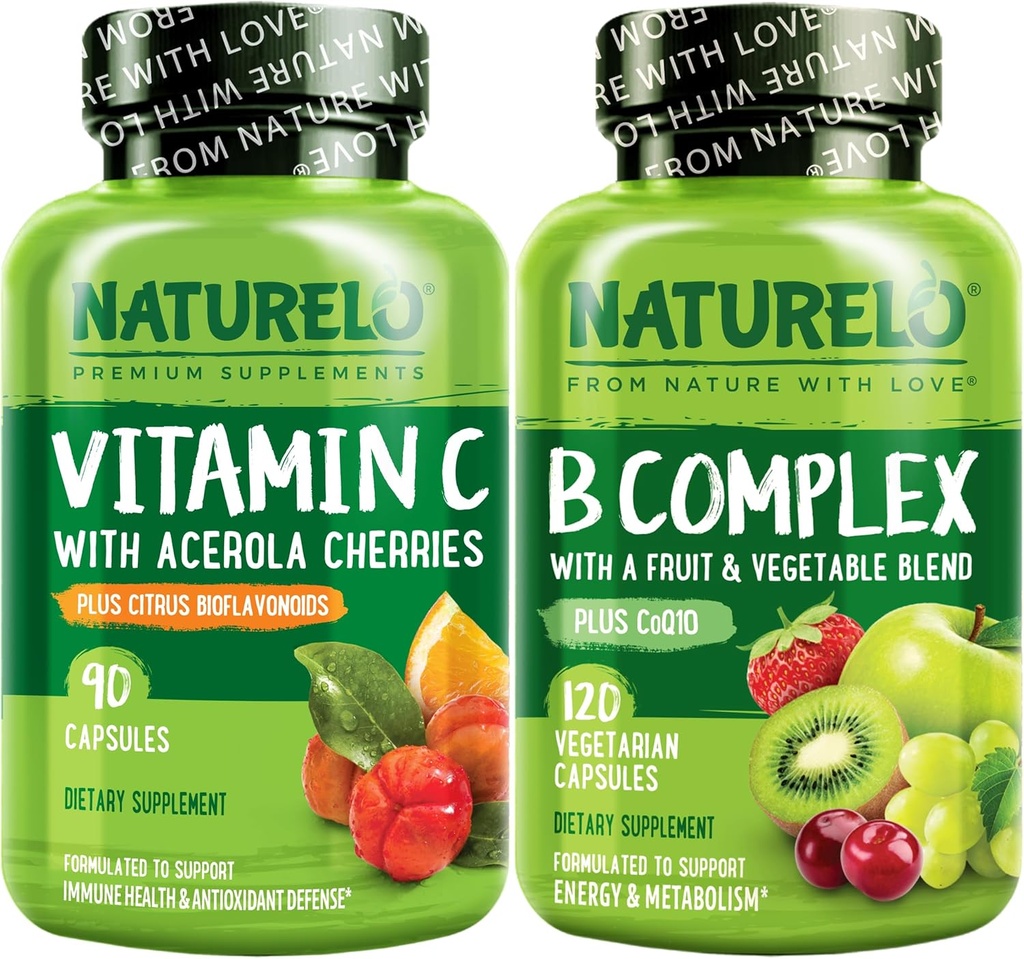 Cápsulas de vitamina C NATURELO, 90 contagem Complexo de vitamina B 120 contagem