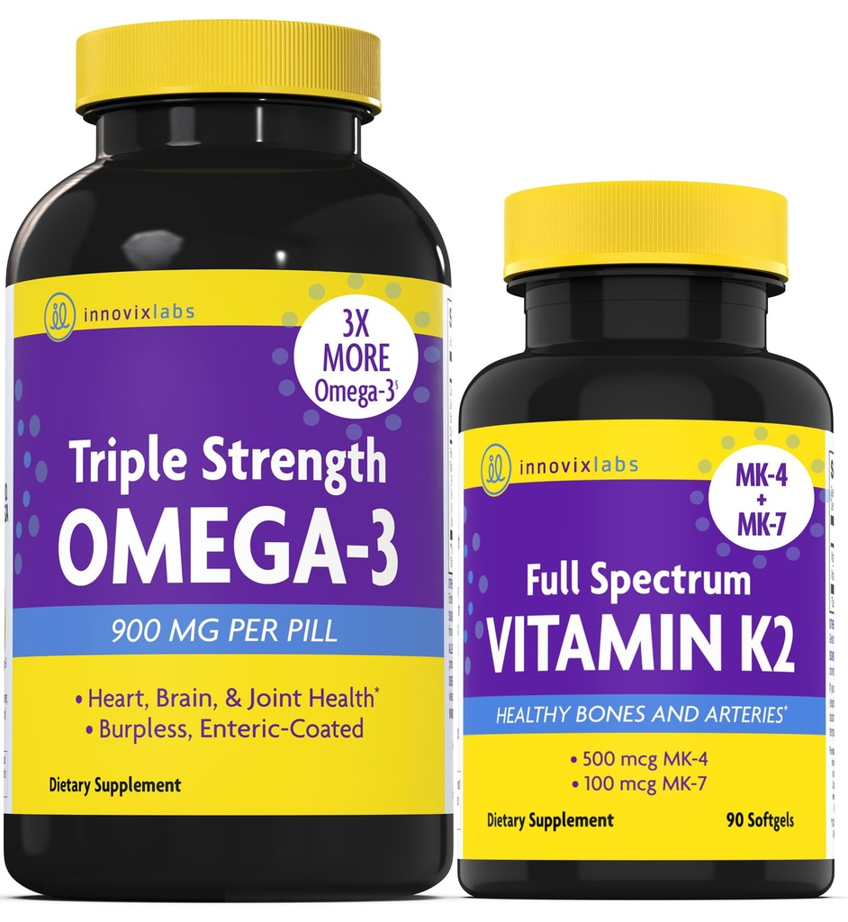 InnovixLabs Vitamina K2 & Triplo Omega Bundle Full Spectrum Vitamina K2 (90 Softgels) Triplo Força Omega-3 Óleo de peixe (200 Softgels). Suporta ossos saudáveis, artérias e articulações. *